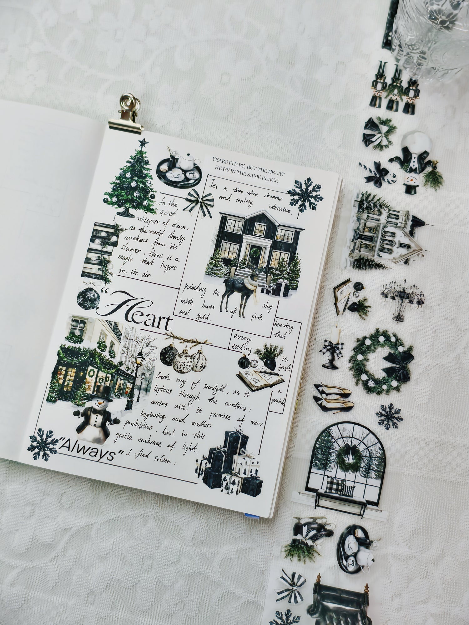 Dark Winter Glow PET tape flatlay with moody floral and seasonal designs