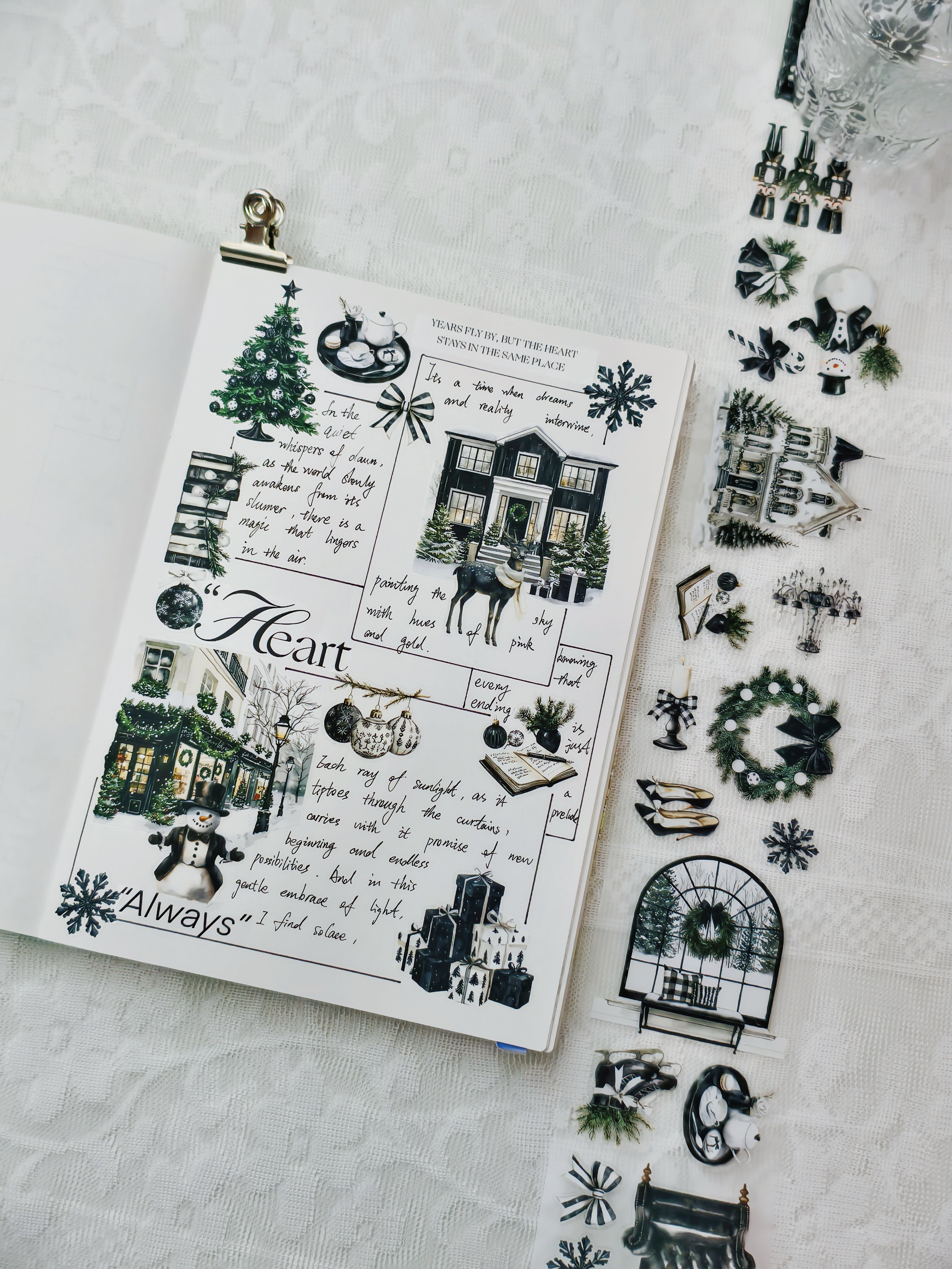 Dark Winter Glow PET tape flatlay with moody floral and seasonal designs