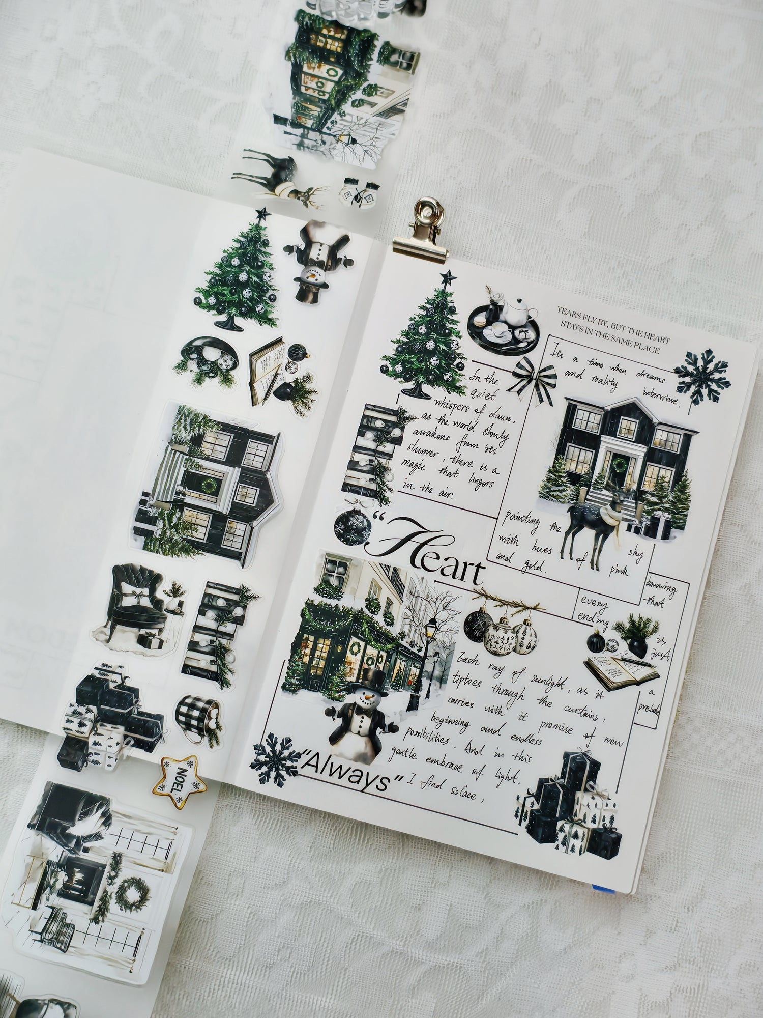 Pre-cut PET tape featuring dark winter florals and glowing details