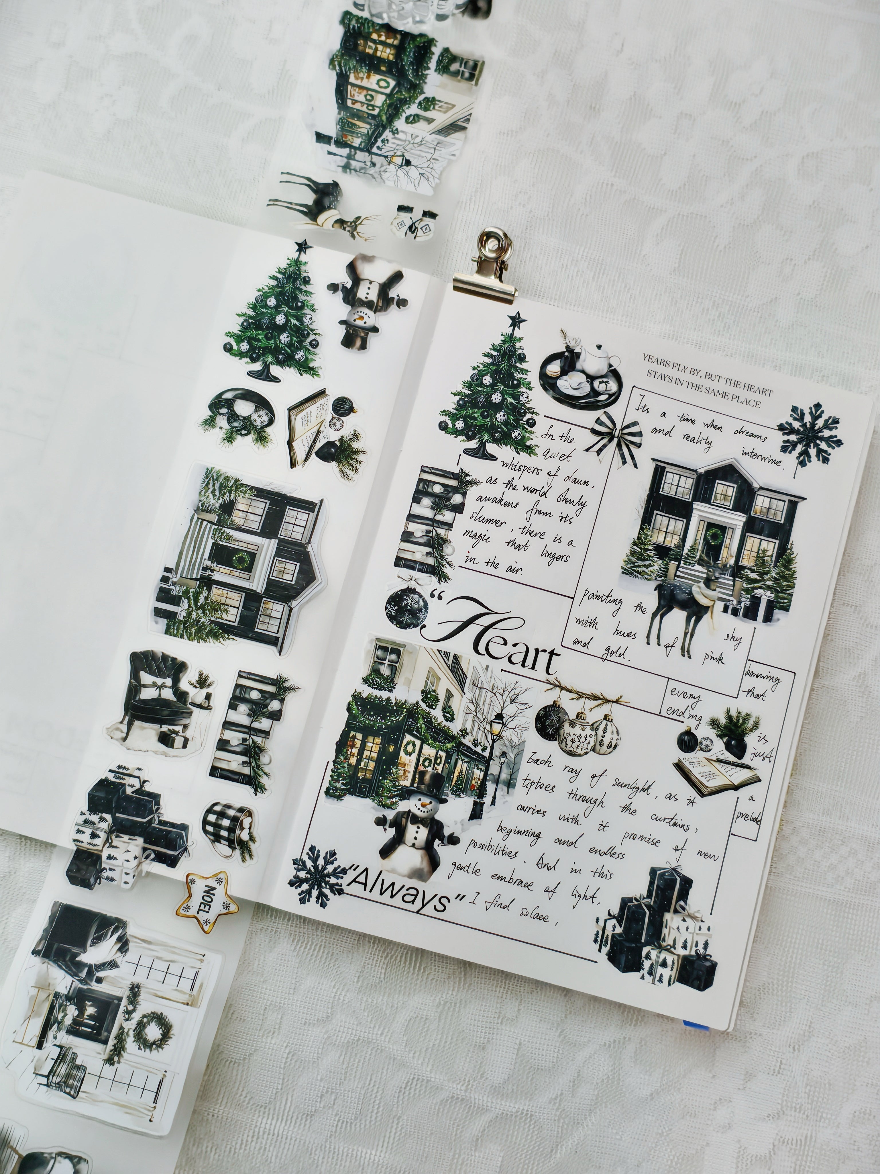 Pre-cut PET tape featuring dark winter florals and glowing details