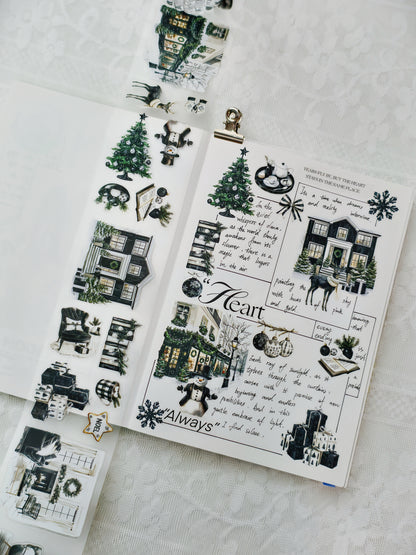 Pre-cut PET tape featuring dark winter florals and glowing details