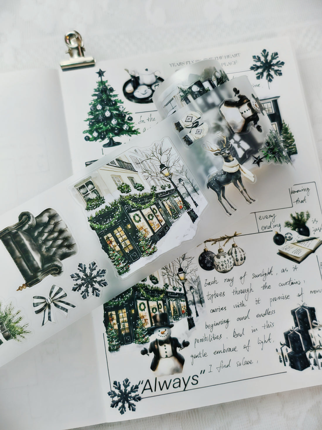 Dark Winter Glow PET tape roll with floral and seasonal illustrations