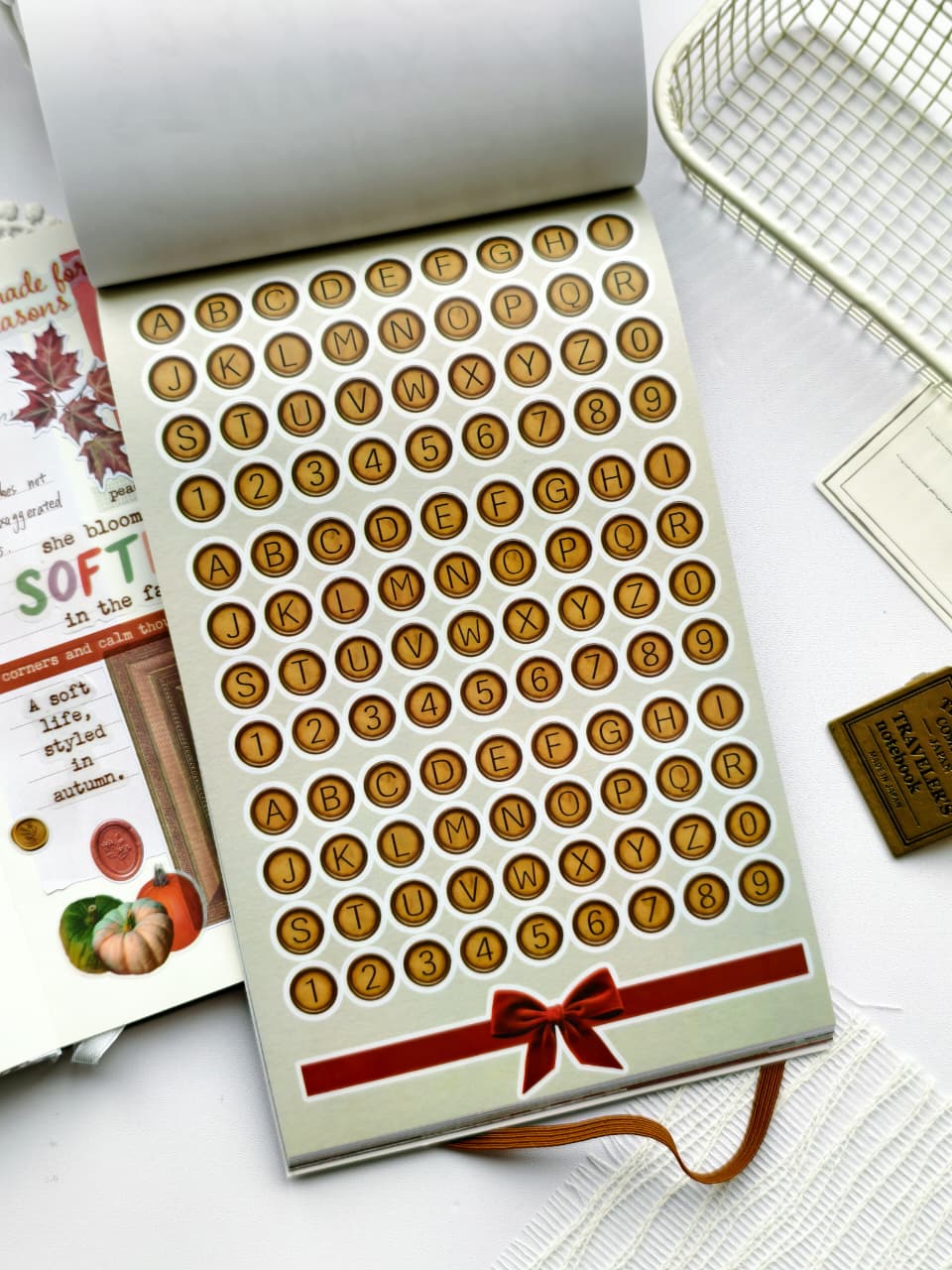 Sticker sheet filled with vintage-inspired alphabet and number circle stickers in warm golden tones, perfect for journal titles, planners, scrapbooks, and creative lettering.