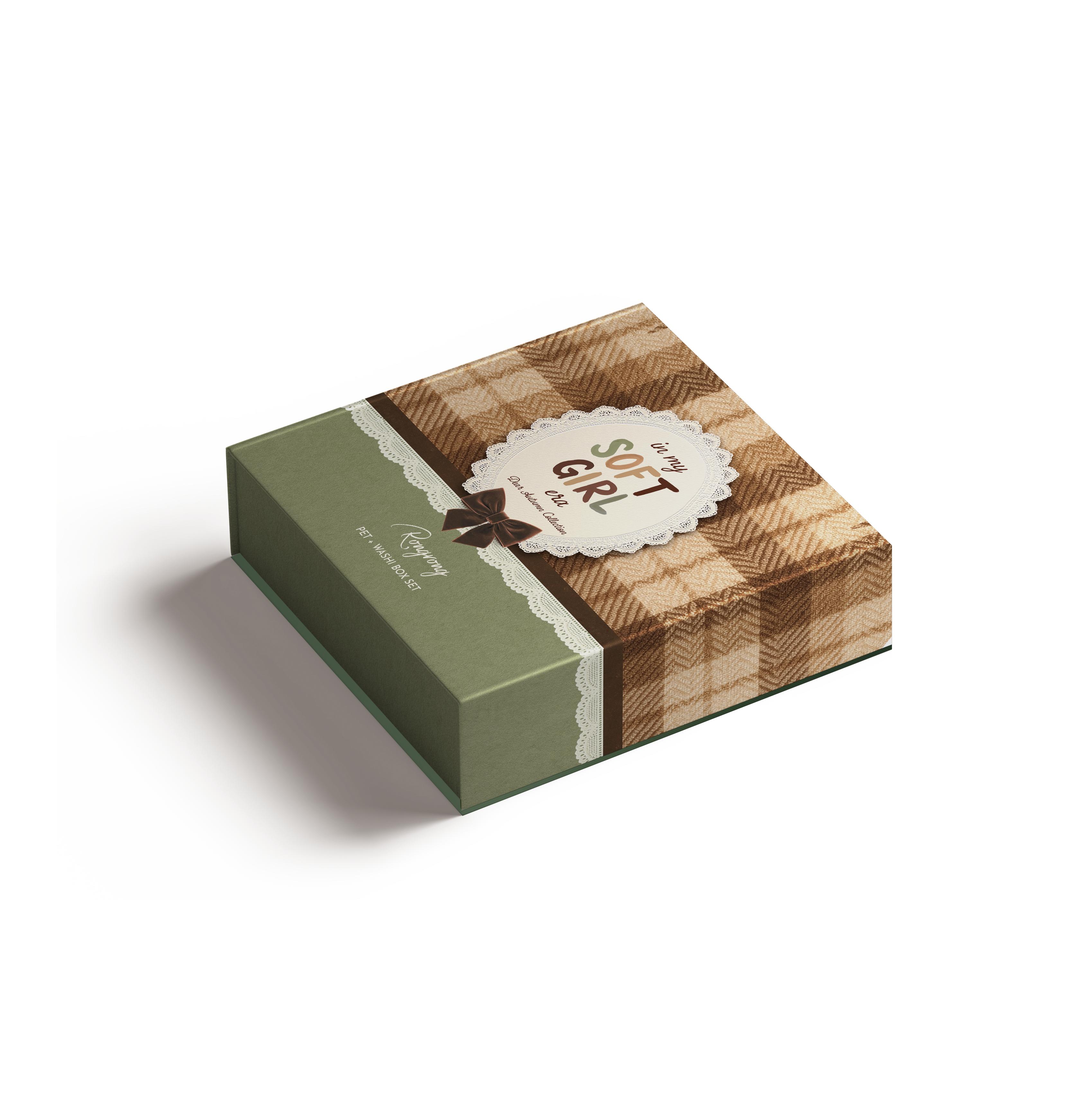 Angled view of Dear Autumn PET and washi box set showcasing textured plaid pattern and elegant autumn-themed packaging.