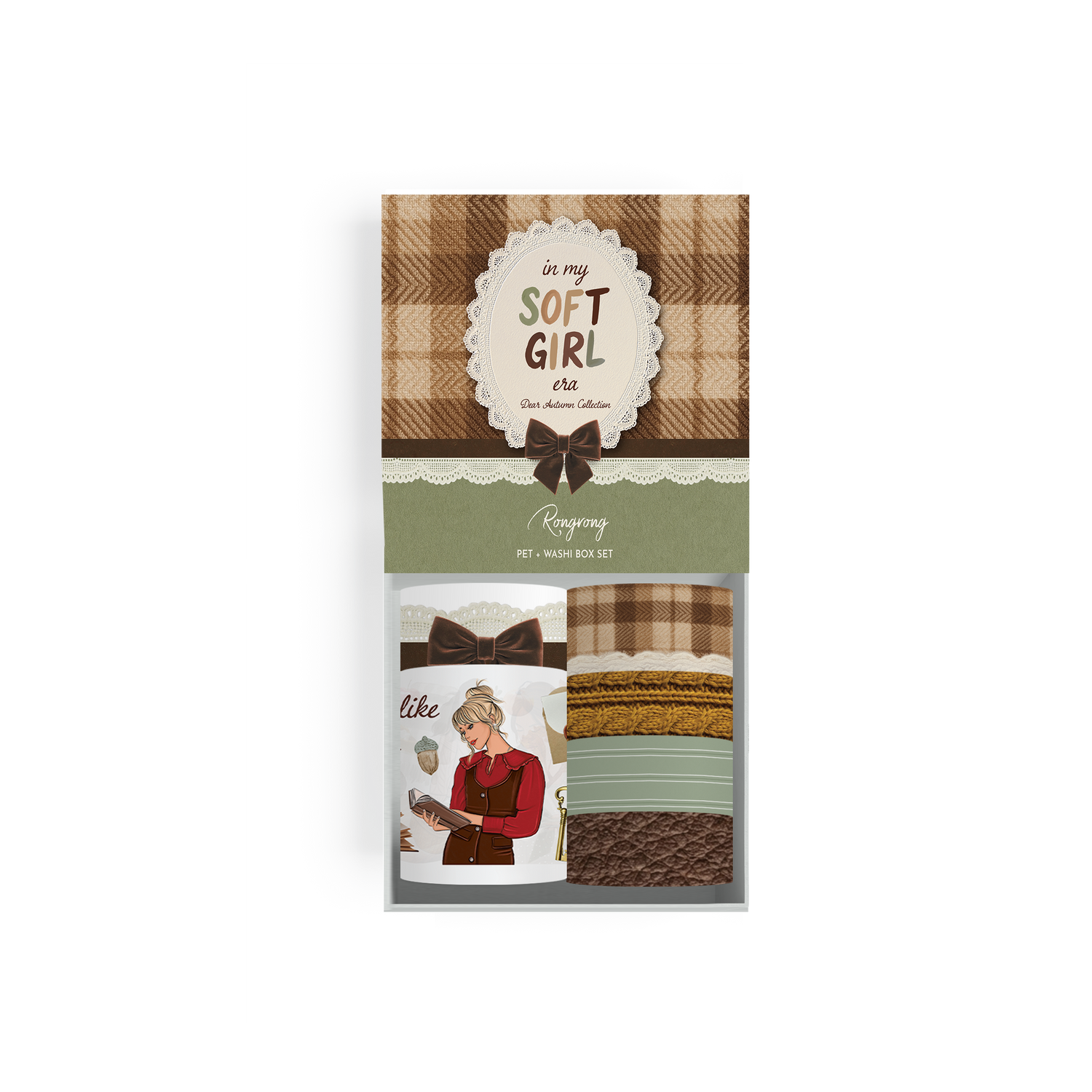 Flat lay of Dear Autumn box set highlighting cozy fall packaging with warm tones, ribbon detail, and soft aesthetic design.