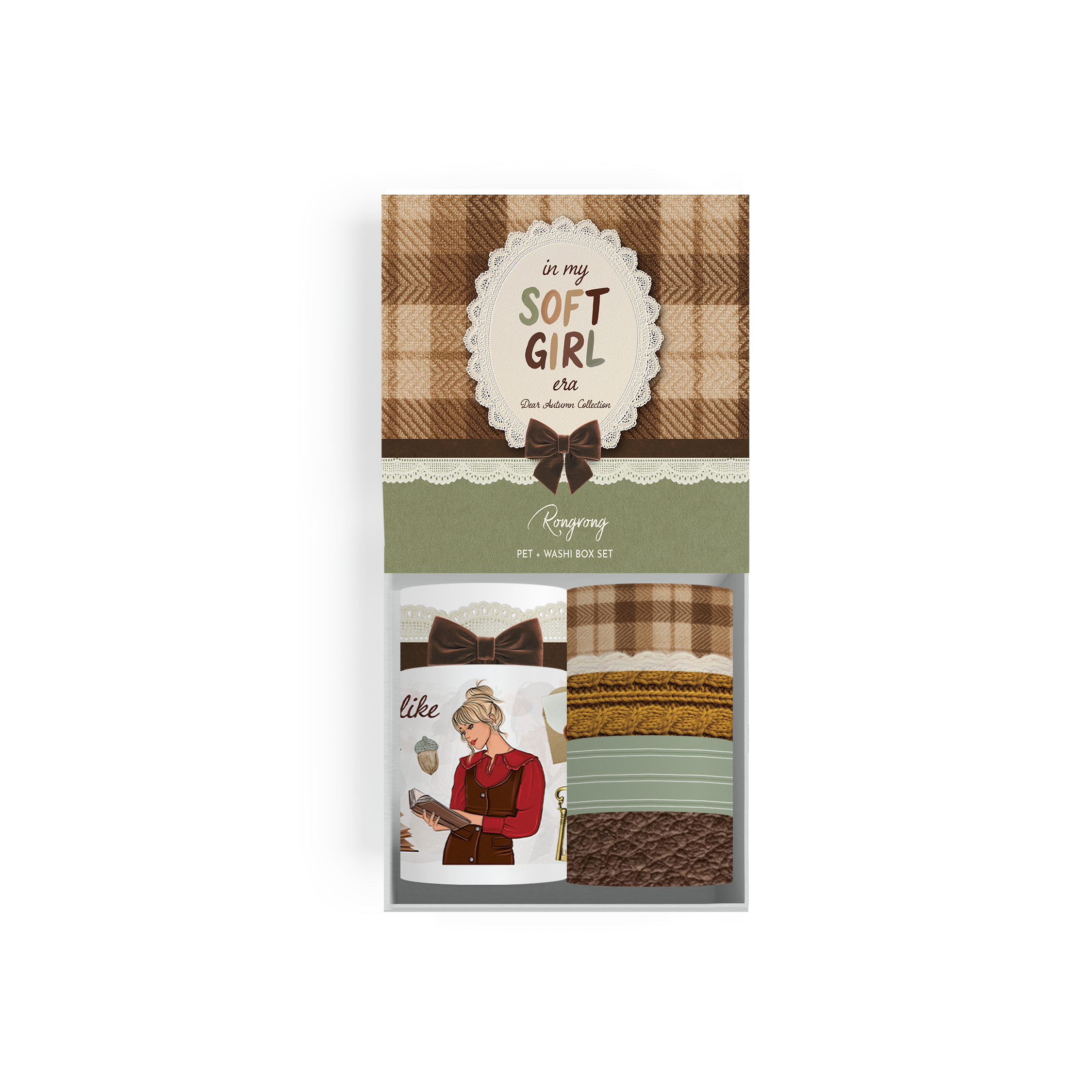 Flat lay of Dear Autumn box set highlighting cozy fall packaging with warm tones, ribbon detail, and soft aesthetic design.