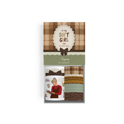 Flat lay of Dear Autumn box set highlighting cozy fall packaging with warm tones, ribbon detail, and soft aesthetic design.