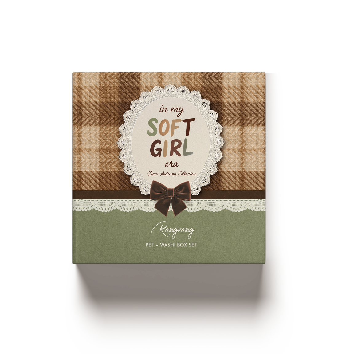 Front view of Dear Autumn PET and washi tape box featuring plaid design, lace details, and “In My Soft Girl Era” autumn theme packaging.