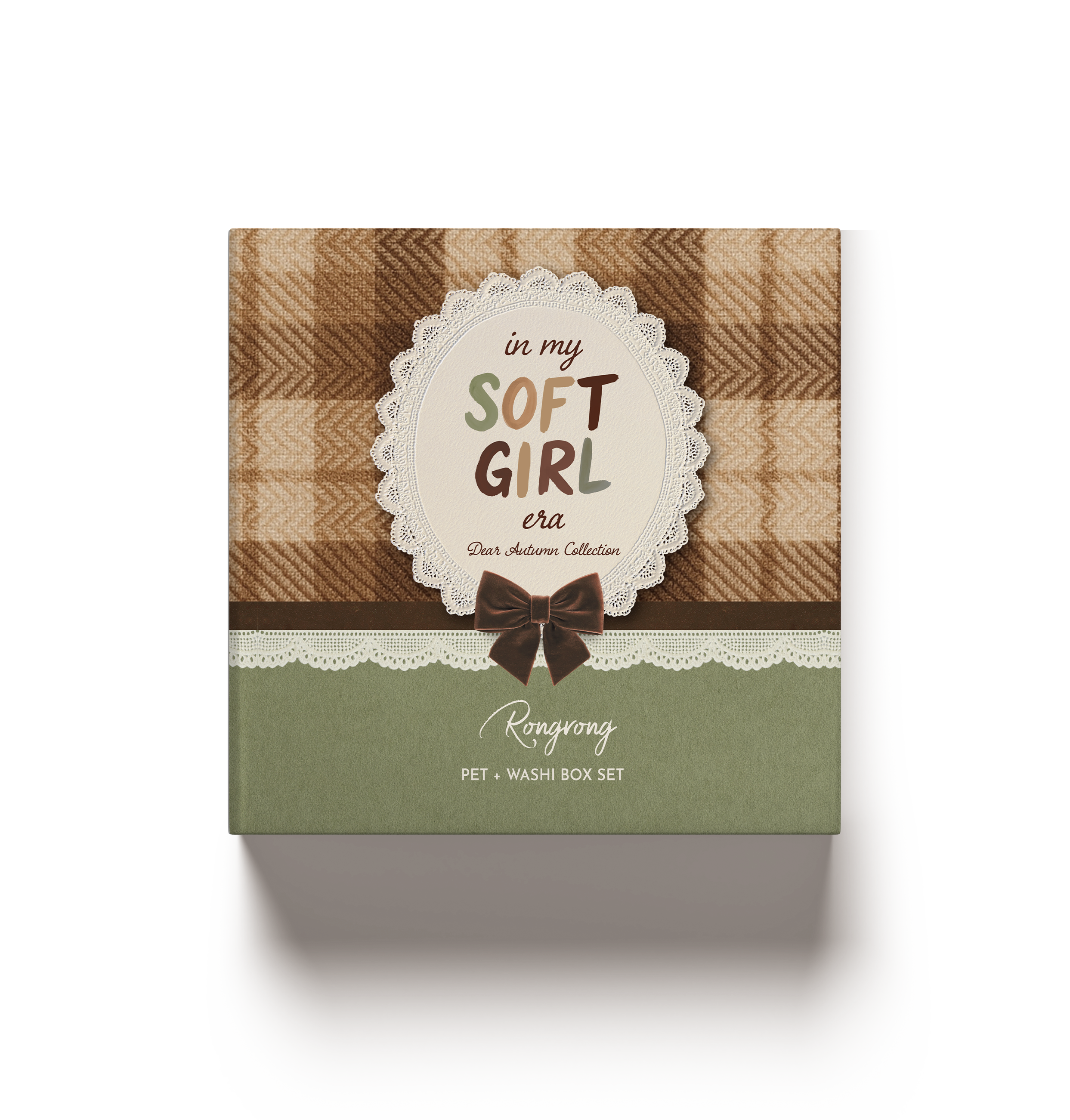 Front view of Dear Autumn PET and washi tape box featuring plaid design, lace details, and “In My Soft Girl Era” autumn theme packaging.