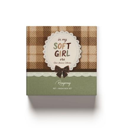 Front view of Dear Autumn PET and washi tape box featuring plaid design, lace details, and “In My Soft Girl Era” autumn theme packaging.