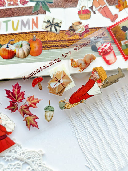 Detailed view of Dear Autumn PET tape stickers featuring colorful fall leaves, acorns, mushrooms, letters, squirrel, cozy blankets, and autumn-inspired illustrations.