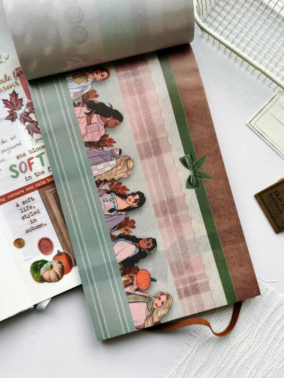 Decorative full-page sticker sheet featuring plaid patterns, ribbon borders, lace details, bows, and illustrated women dressed in cozy autumn outfits with soft seasonal colors.