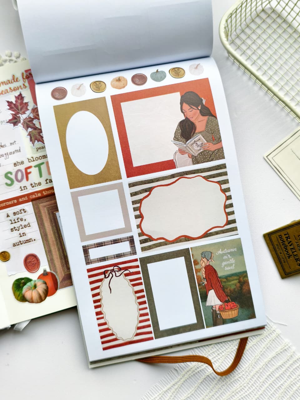 Open Dear Autumn Sticker Book displaying functional journaling stickers including decorative labels, note boxes, frames, pumpkins, wax seals, and autumn-themed illustrations for planners and memory keeping.