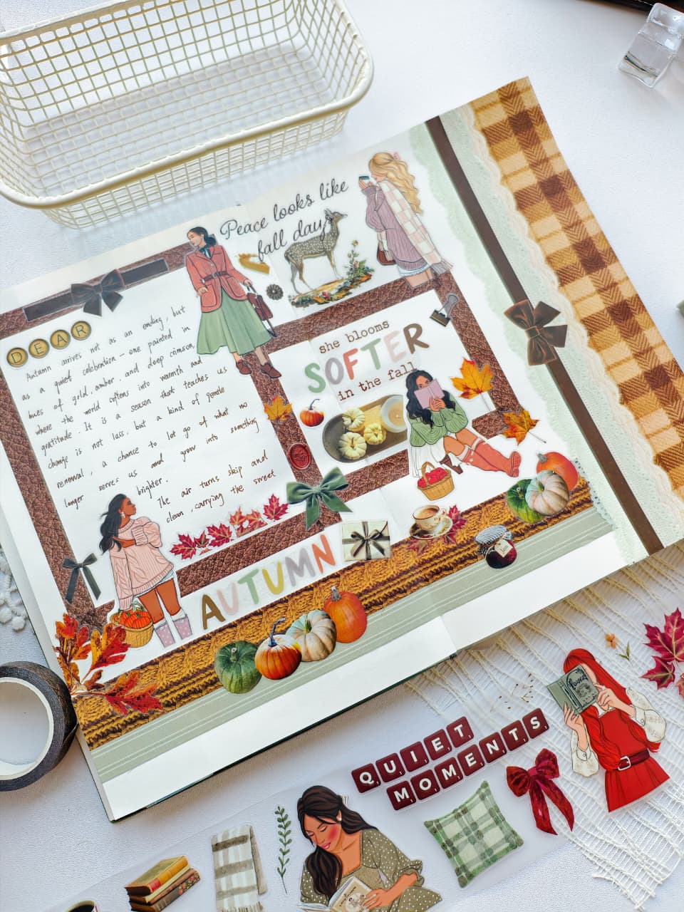 Autumn-themed journal layout decorated with Dear Autumn PET tape stickers, featuring cozy fashion illustrations, pumpkins, leaves, books, coffee, and seasonal sentiments.