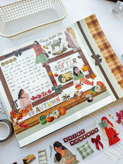 Autumn-themed journal layout decorated with Dear Autumn PET tape stickers, featuring cozy fashion illustrations, pumpkins, leaves, books, coffee, and seasonal sentiments.
