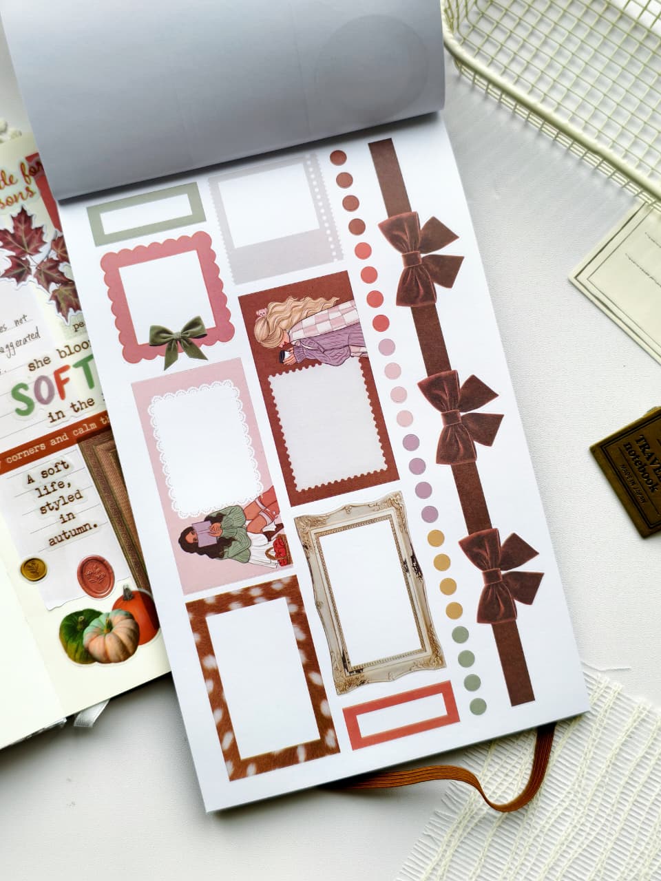 Functional sticker sheet with decorative frames, labels, bows, checklists, borders, and journaling boxes in muted autumn colors for planners and scrapbooking.