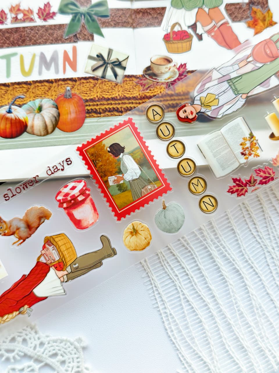 Close-up of Dear Autumn pre-cut PET stickers featuring autumn pumpkins, books, cozy drinks, fashion girls, stamps, and seasonal decorative elements.