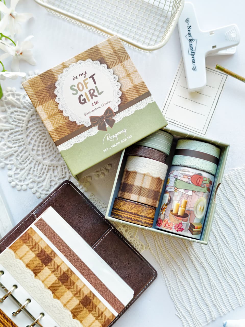 Dear Autumn PET Tape and Washi Box Set featuring decorative autumn-themed washi tapes and pre-cut PET stickers packaged in a collectible illustrated box.