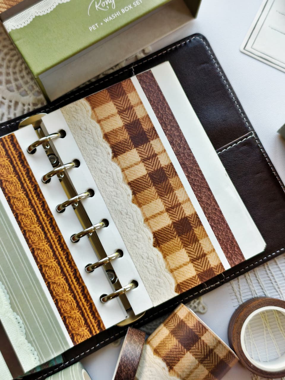 Close-up of Dear Autumn washi tape patterns featuring warm plaid prints, cream lace details, and textured knit-inspired designs in autumn colors.