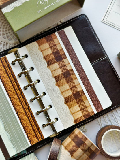 Close-up of Dear Autumn washi tape patterns featuring warm plaid prints, cream lace details, and textured knit-inspired designs in autumn colors.