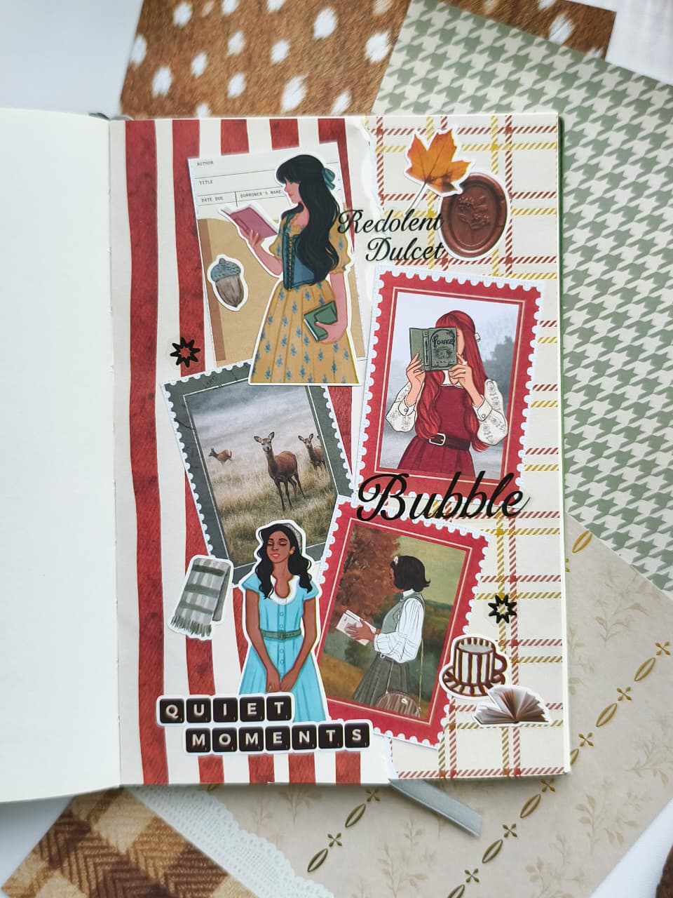Close-up of a fall-themed journal page created with Dear Autumn scrapbooking paper featuring plaid backgrounds, reading-inspired stickers, woodland imagery, and cozy autumn elements.