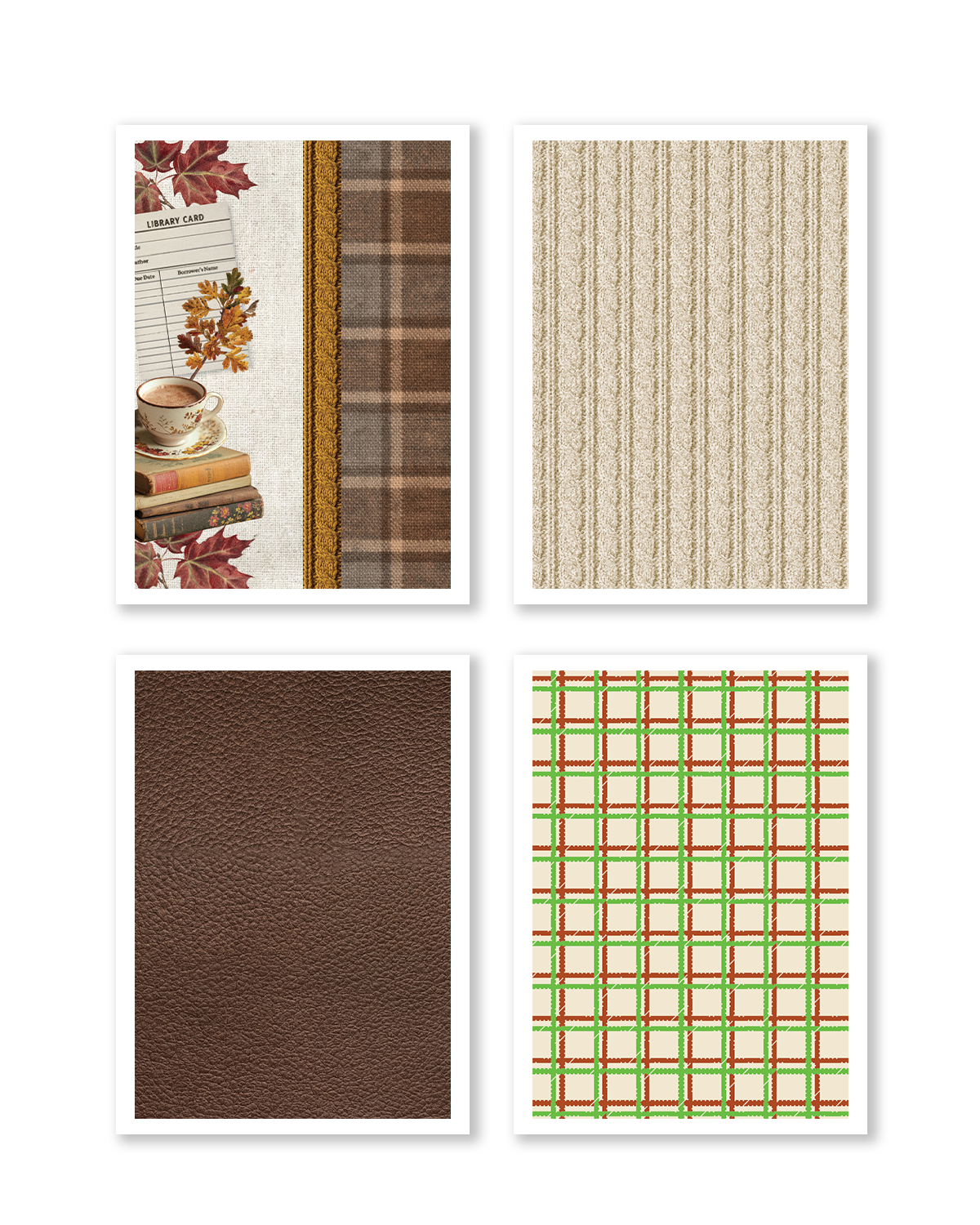Preview of four Dear Autumn A5 scrapbook papers featuring a cozy reading corner collage with books and coffee, cream cable knit sweater texture, rich brown leather texture, and cream plaid with rust and olive accents.