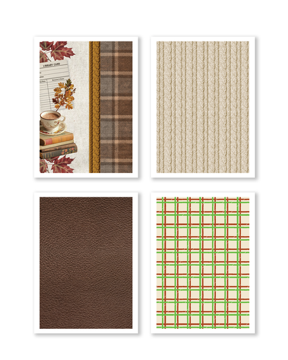 Preview of four Dear Autumn A5 scrapbook papers featuring a cozy reading corner collage with books and coffee, cream cable knit sweater texture, rich brown leather texture, and cream plaid with rust and olive accents.