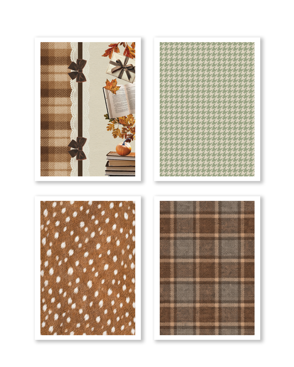 Preview of four Dear Autumn A5 scrapbook papers featuring a cozy autumn collage with books and pumpkins, sage green hounds tooth, woodland fawn fur pattern, and warm brown plaid fabric textures.