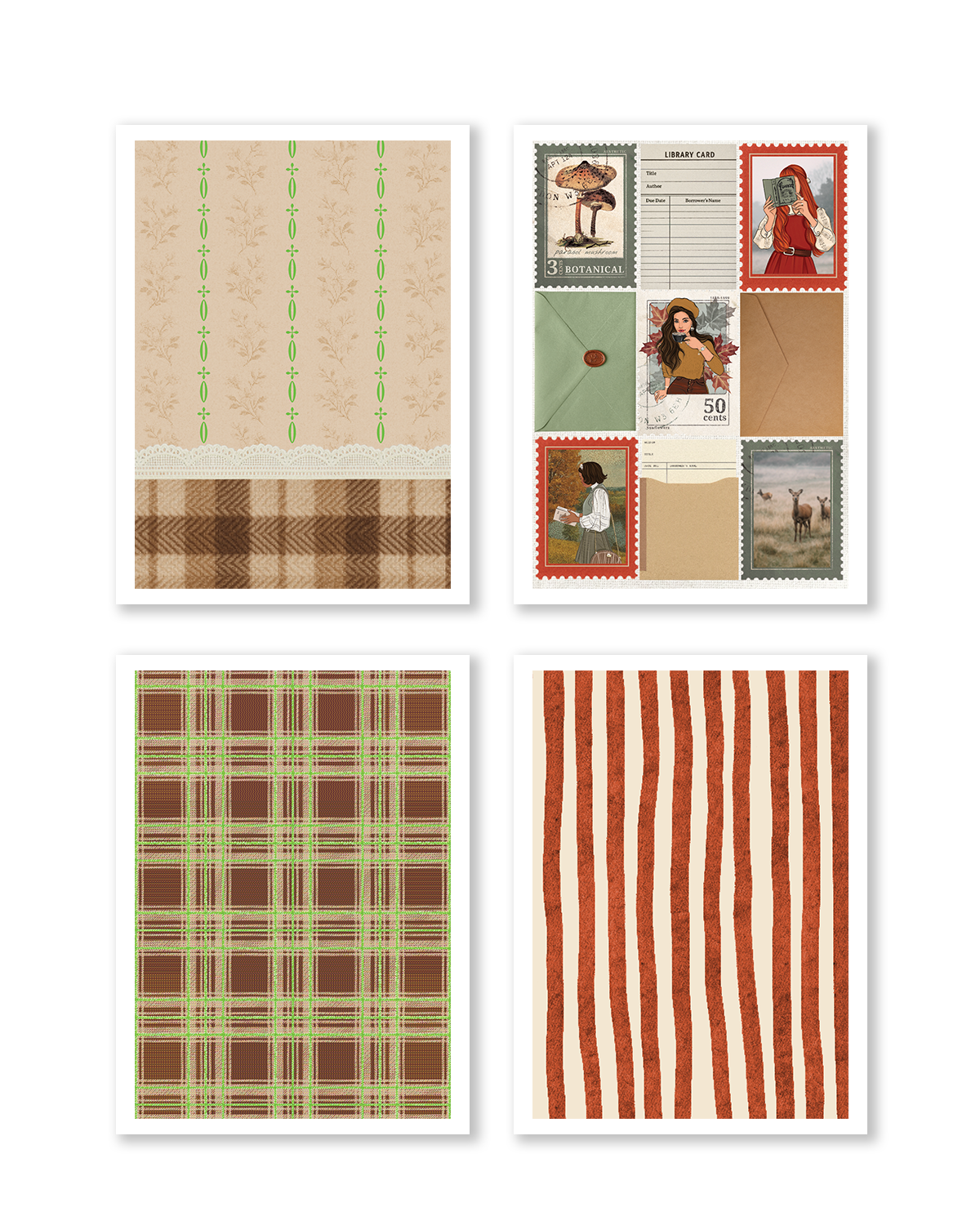 Preview of four Dear Autumn A5 scrapbook papers featuring vintage botanical wallpaper with lace, autumn-inspired postal collage and library cards, rustic brown plaid, and hand-painted terracotta stripes.