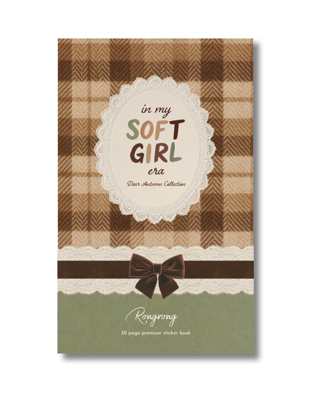 Dear Autumn Sticker Book cover with plaid pattern, lace frame design, and soft neutral tones with bow detail