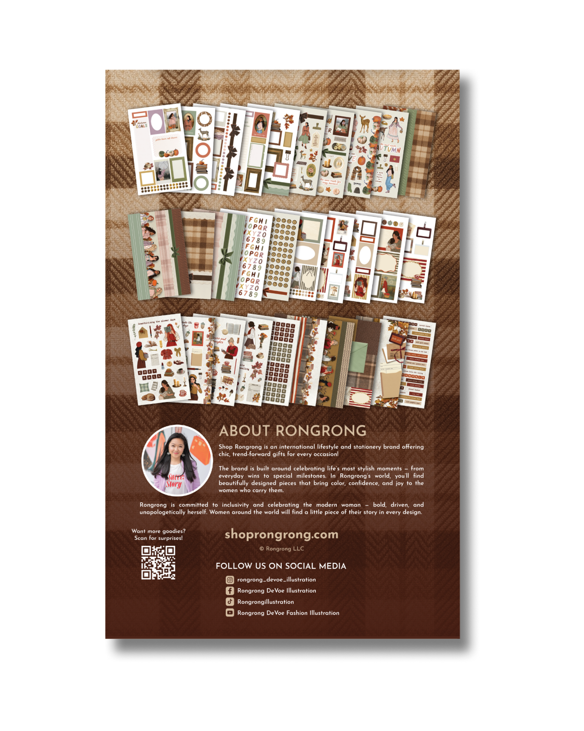 Dear Autumn Sticker Book back cover showing all sticker pages, brand story, and product overview