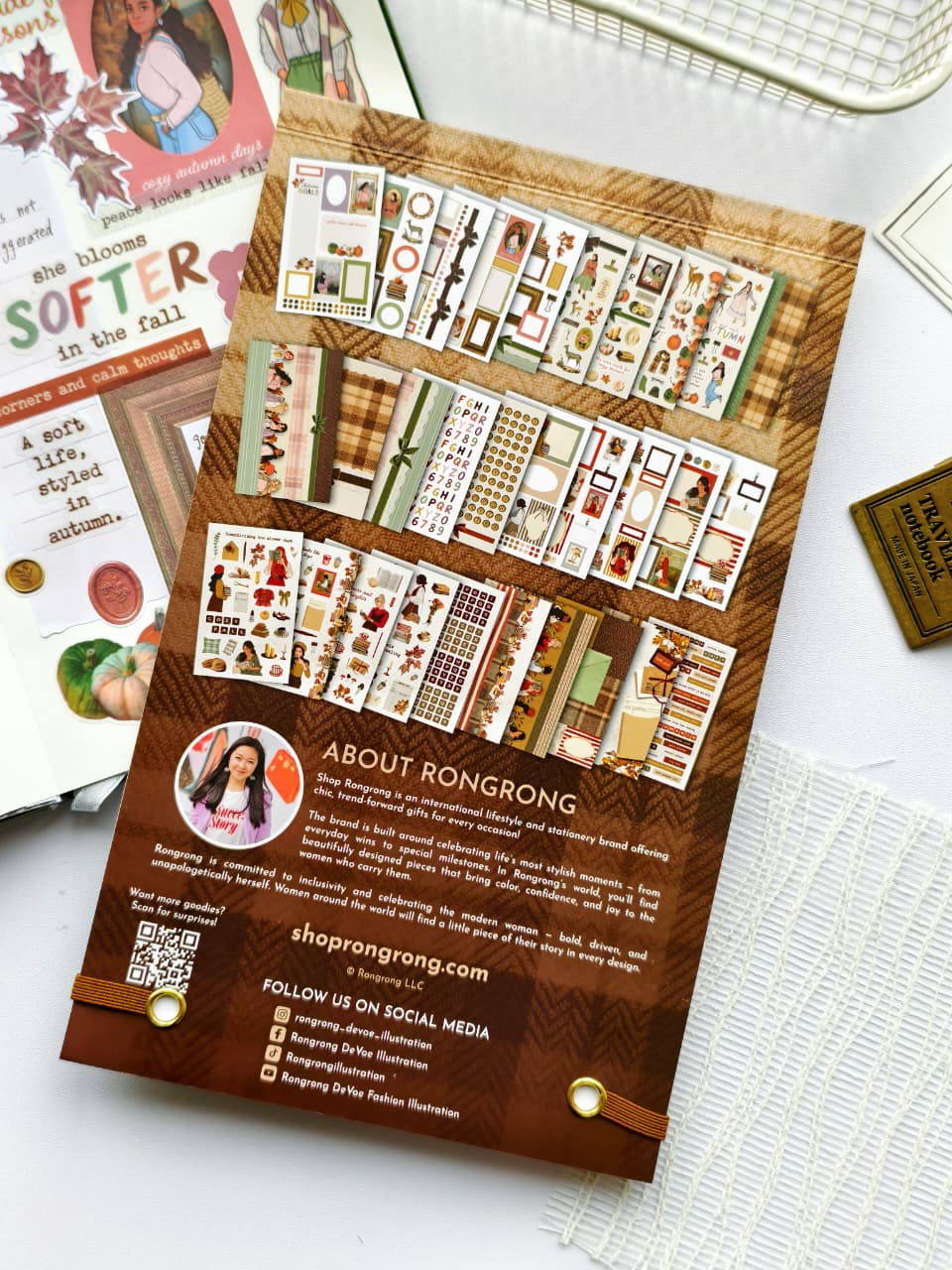 Back cover of the Dear Autumn Sticker Book showcasing previews of all 30 sticker pages with an overview of decorative, functional, alphabet, and full-page sticker designs.