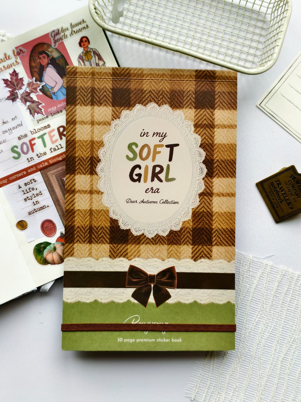 Front cover of the Dear Autumn Sticker Book featuring a cozy plaid blanket design, lace trim, velvet bow, and elegant typography introducing the Dear Autumn Collection.