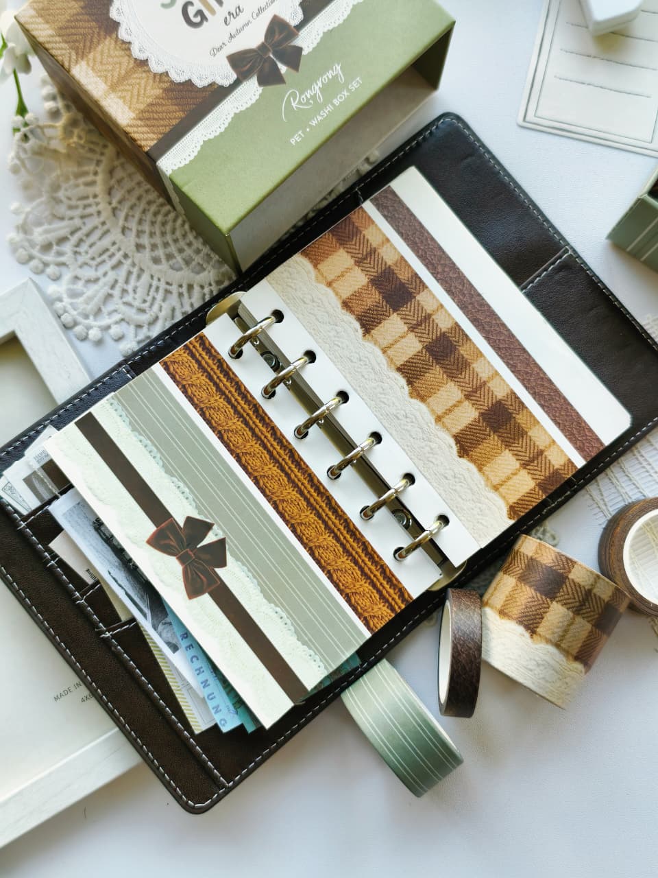 Dear Autumn washi tape box displayed with coordinating autumn washi tape samples, featuring plaid, knit, lace, and ribbon-inspired patterns.