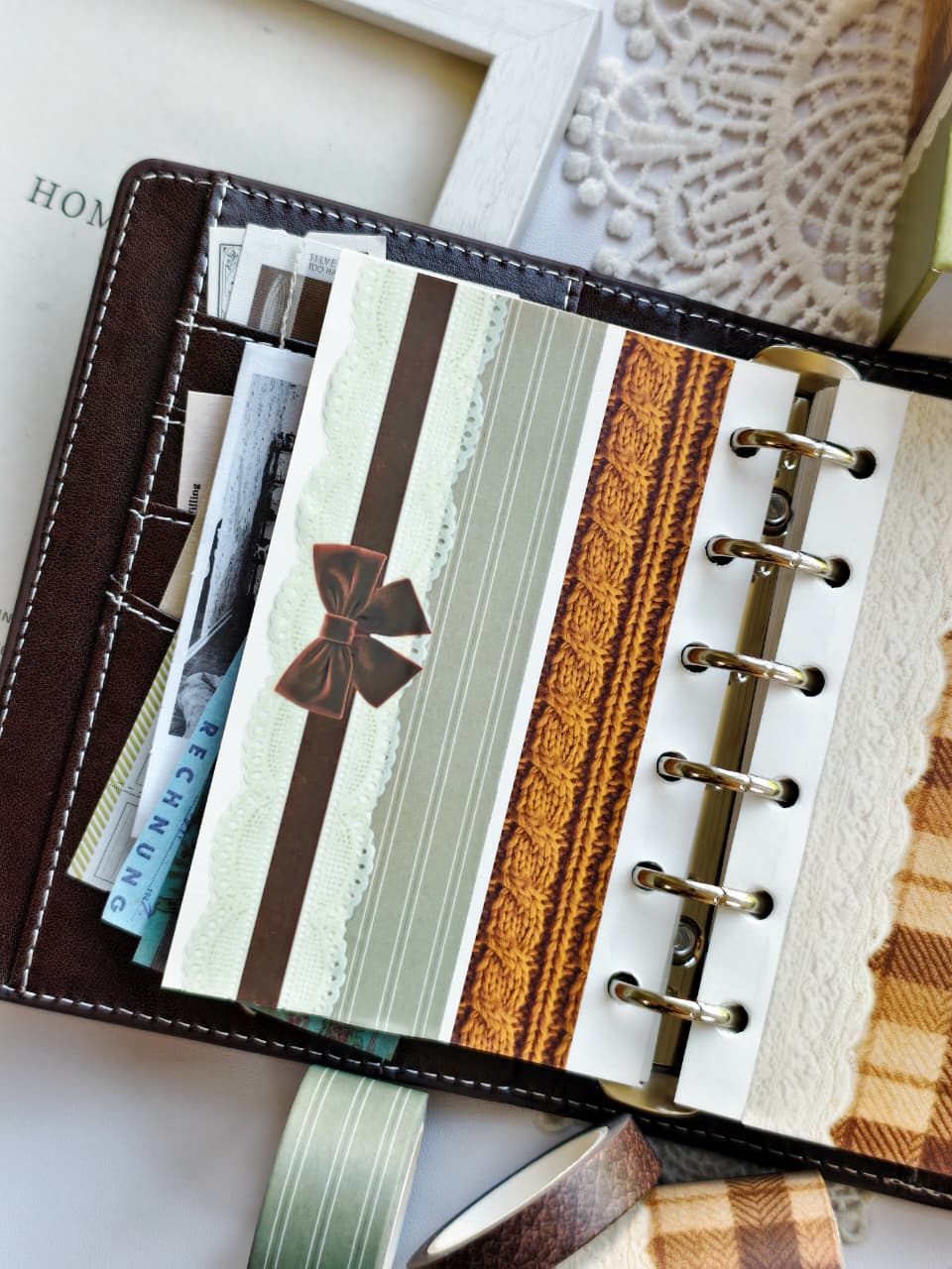 Sample card showcasing Dear Autumn washi tape designs featuring sage green stripes, lace trim, ribbon details, and cozy knitted sweater textures.
