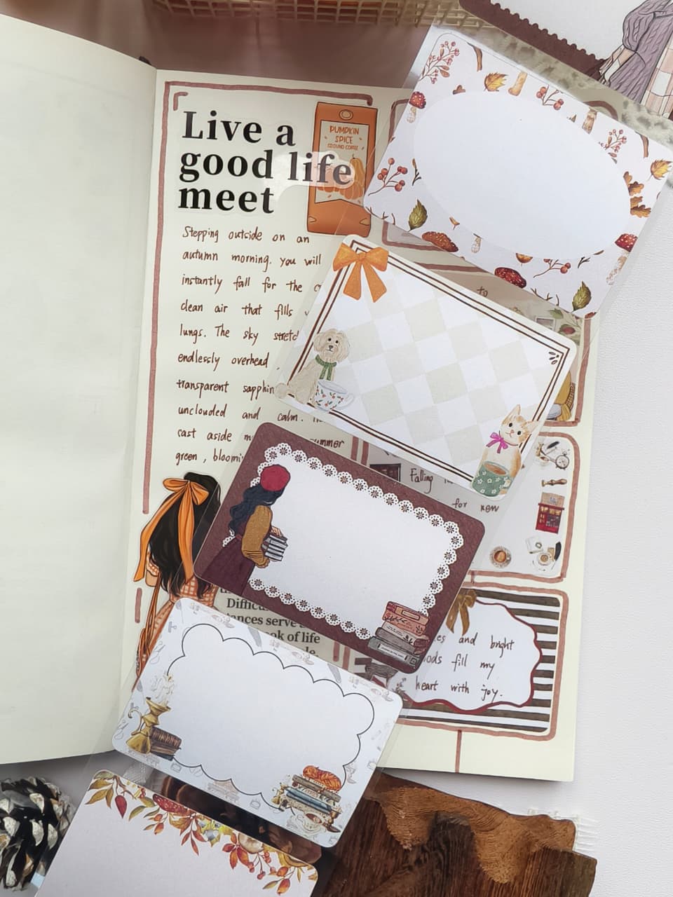 Assortment of Autumn Memos Sticky Notes featuring elegant writable frames decorated with cozy book stacks, woodland animals, pumpkins, warm drinks, and autumn leaves for planners and journals.