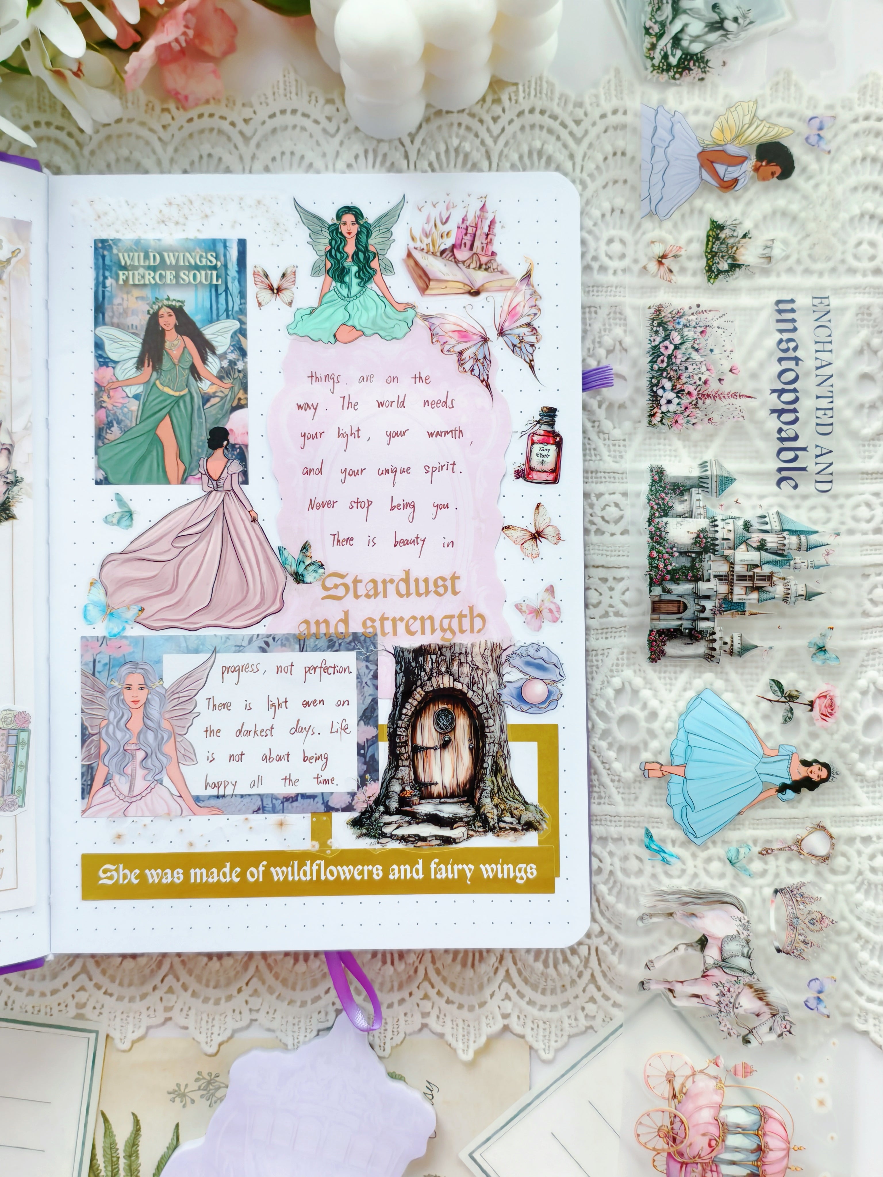Decorative fairytale-themed journal spread with fairy girls, magical forest door, butterflies, inspirational quotes, and enchanted fantasy sticker elements.