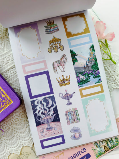 Functional fantasy planner stickers featuring decorative boxes, magical carriage, crowns, unicorn, books, teapot, pearl shell, and fairytale castle artwork.