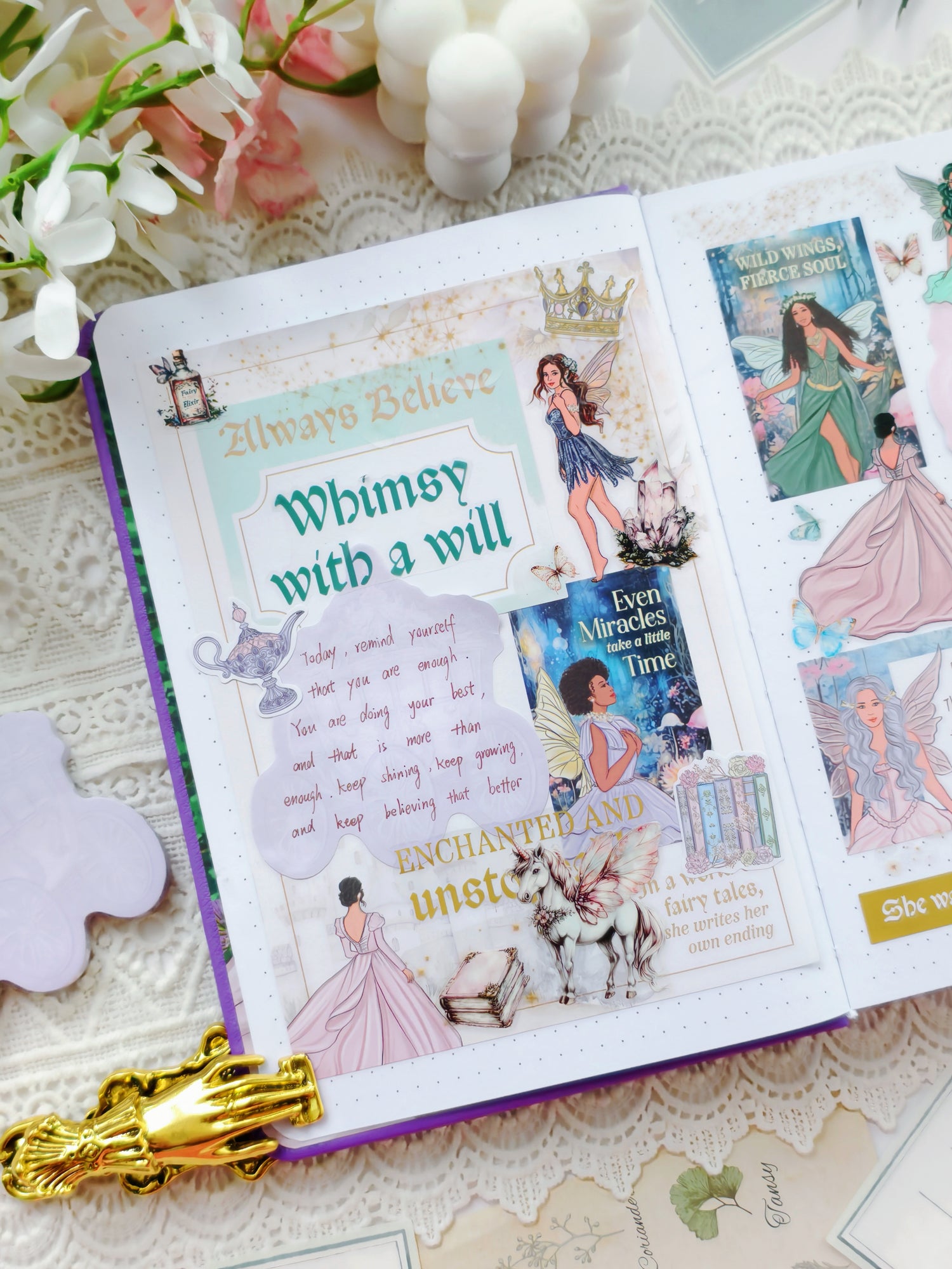 Fantasy-inspired journal spread featuring fairy stickers, magical quotes, butterflies, crystals, unicorn artwork, and whimsical fairytale journaling aesthetics in pastel tones.