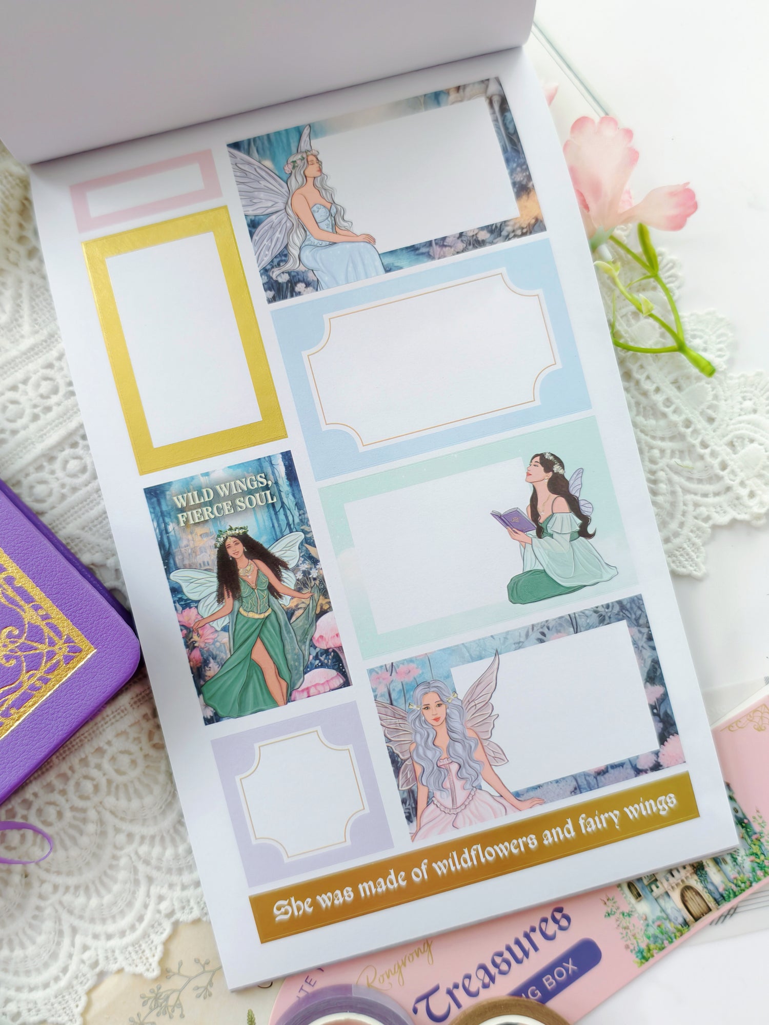 Fantasy planner sticker page with fairy girls, decorative journaling boxes, magical quotes, pastel colors, and whimsical enchanted fairytale aesthetics.