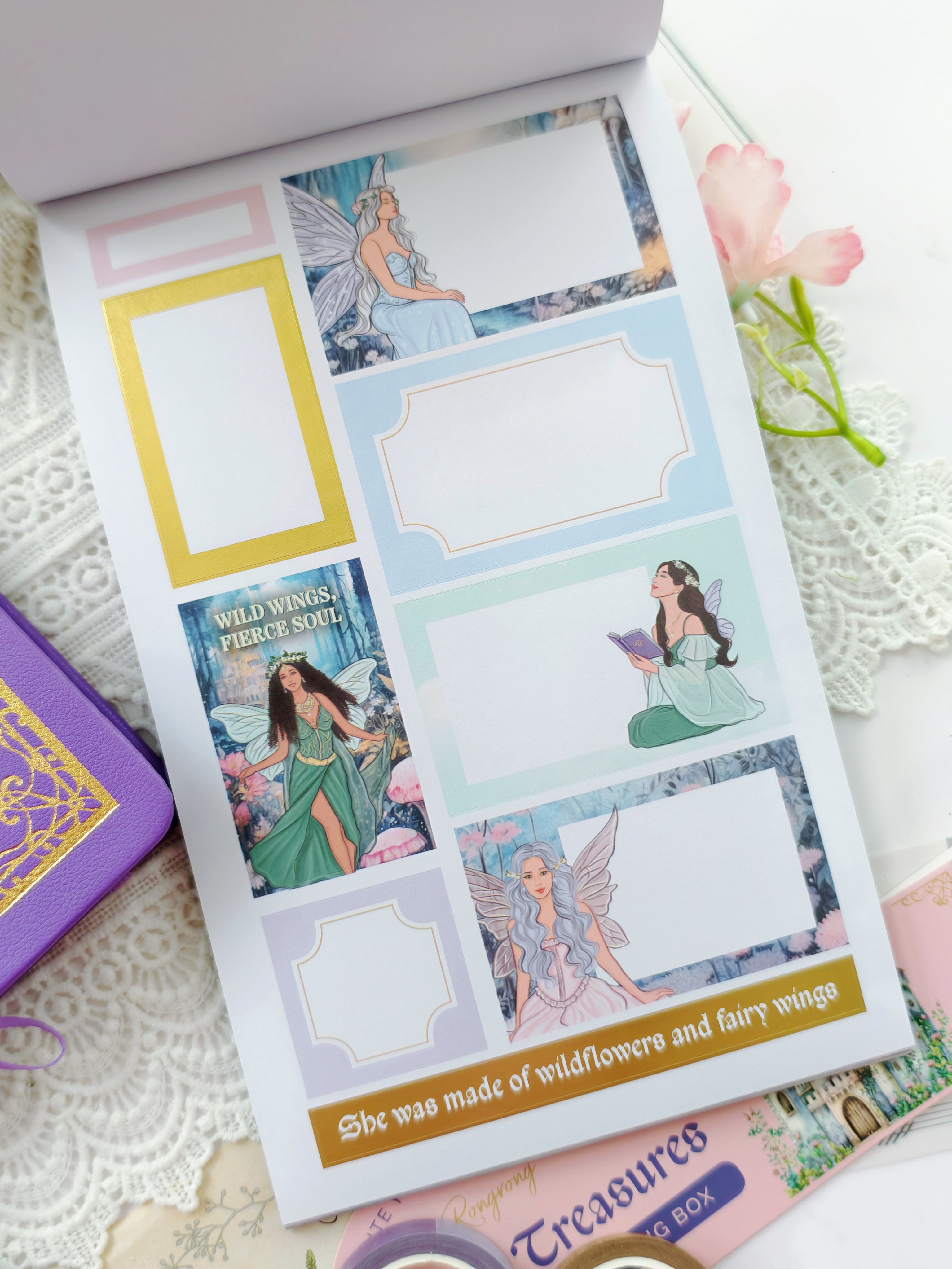 Fantasy planner sticker page with fairy girls, decorative journaling boxes, magical quotes, pastel colors, and whimsical enchanted fairytale aesthetics.