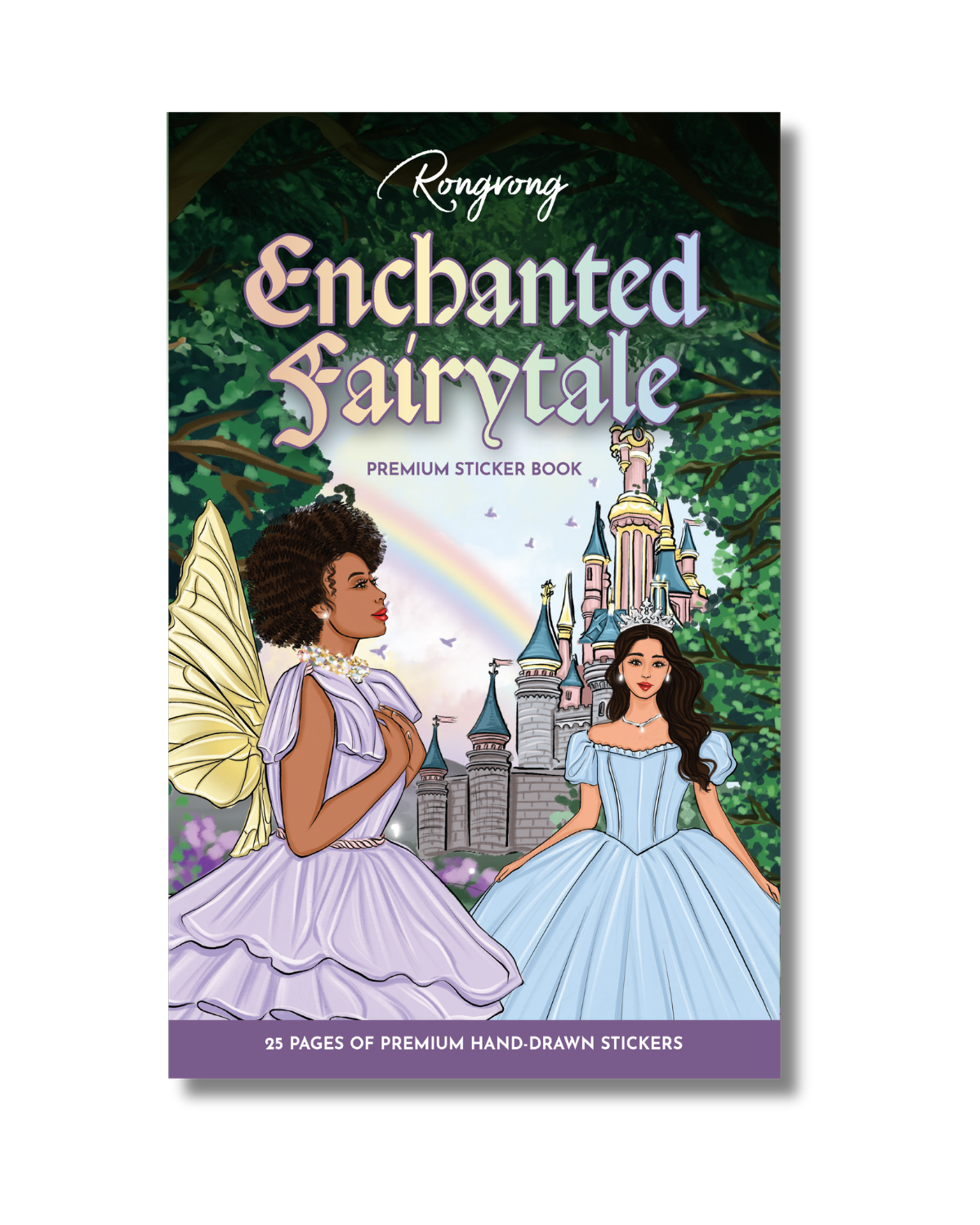 Fantasy-inspired premium sticker book cover featuring illustrated fairy girls in elegant gowns standing in front of a magical castle and rainbow forest scene.