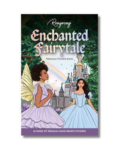 Fantasy-inspired premium sticker book cover featuring illustrated fairy girls in elegant gowns standing in front of a magical castle and rainbow forest scene.