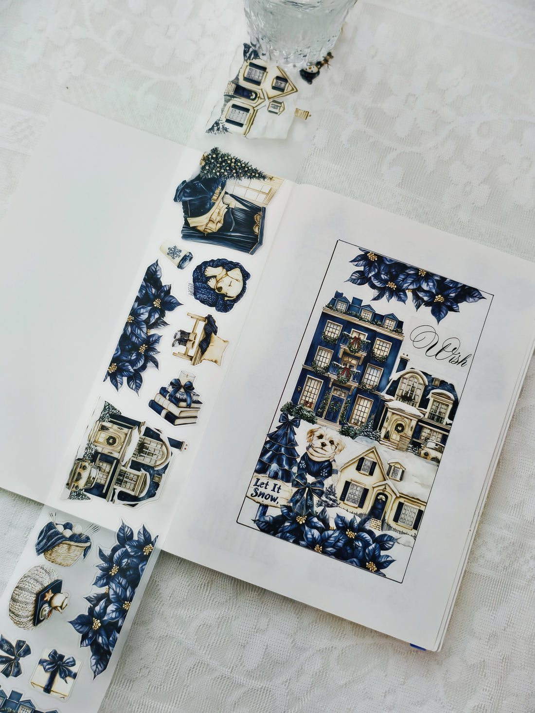 Pre-cut winter PET tape featuring festive blue florals and seasonal accents