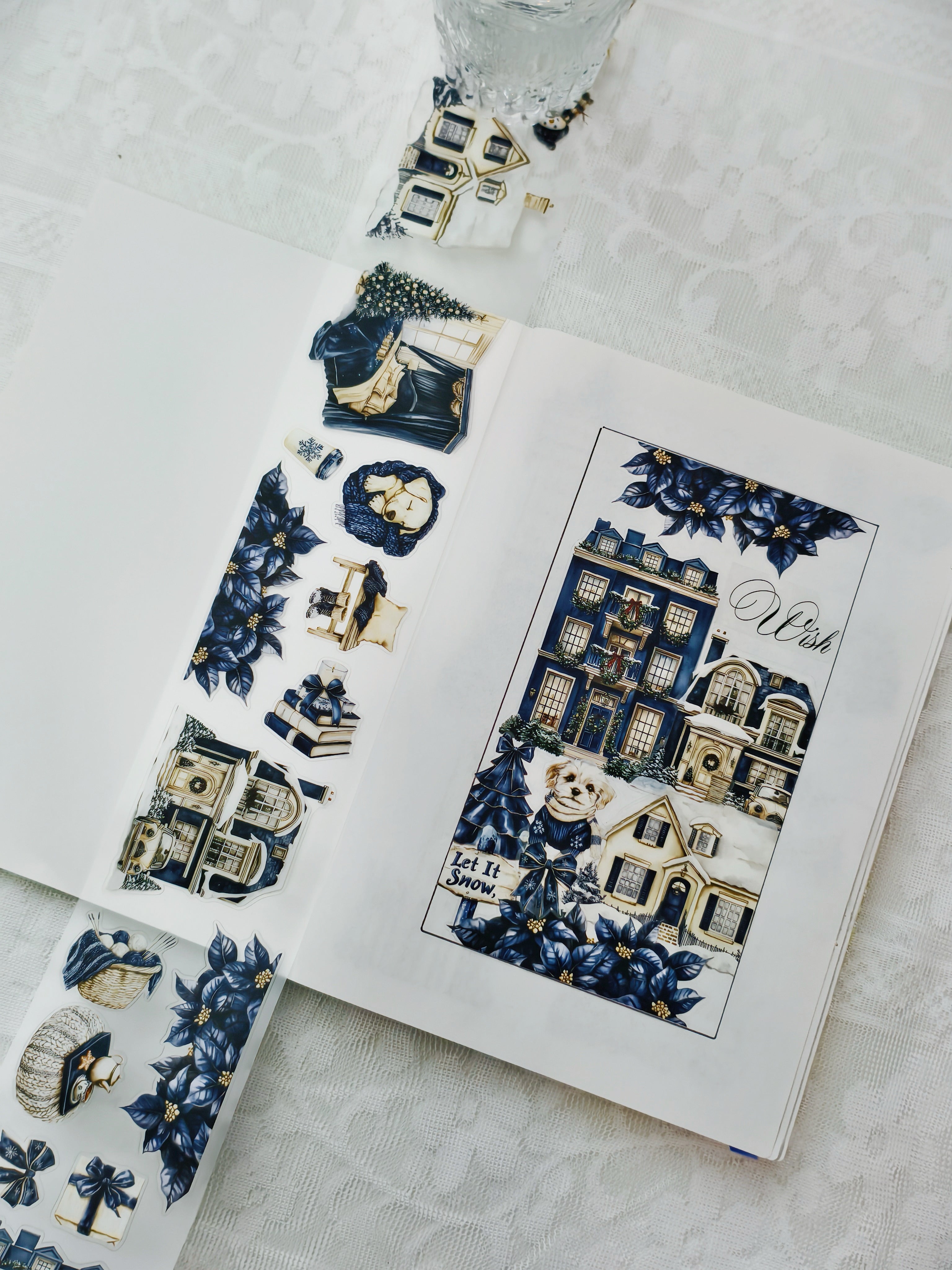 Pre-cut winter PET tape featuring festive blue florals and seasonal accents