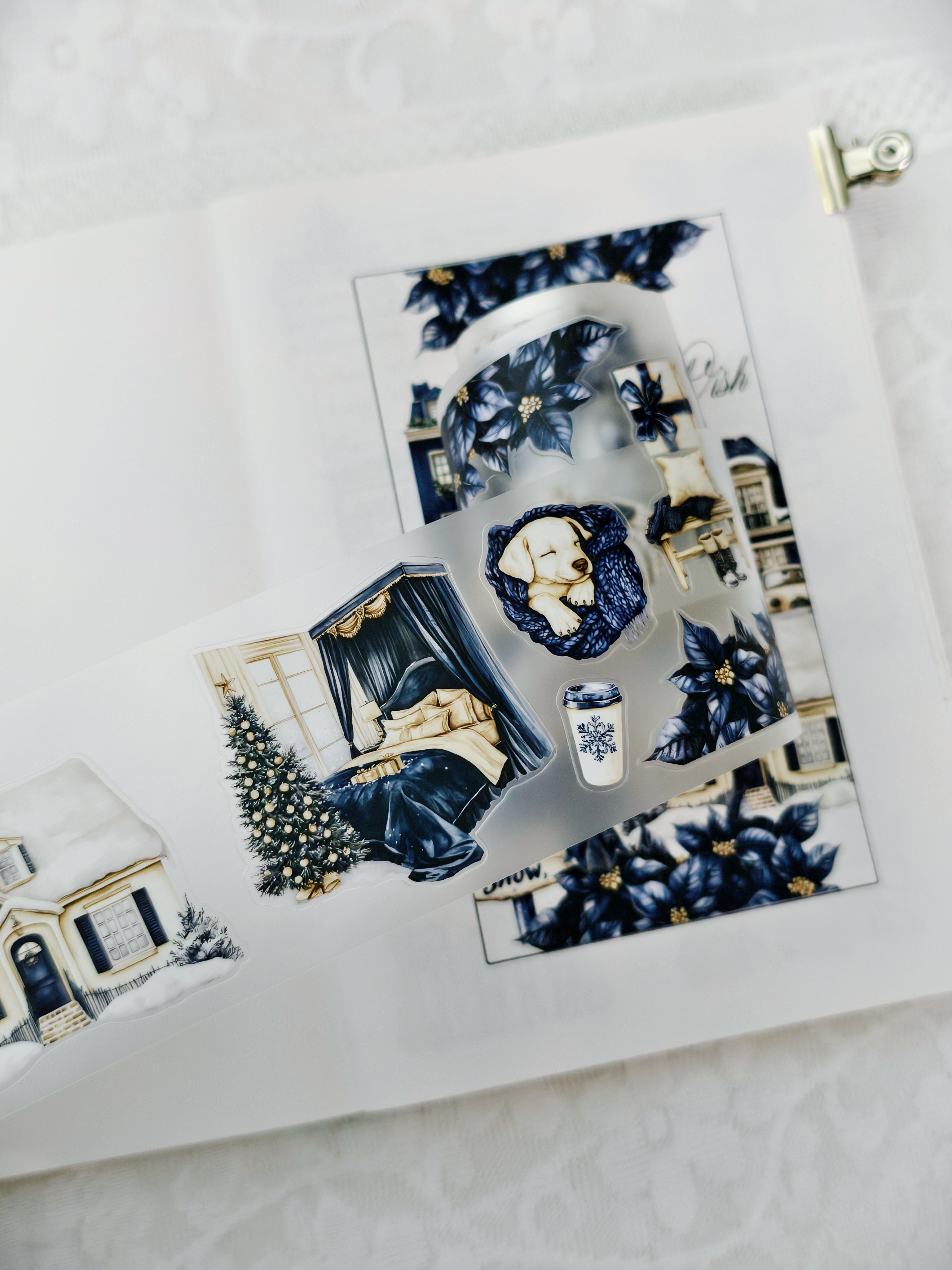 Everblue Winter PET tape flatlay with snowy village and holiday illustrations