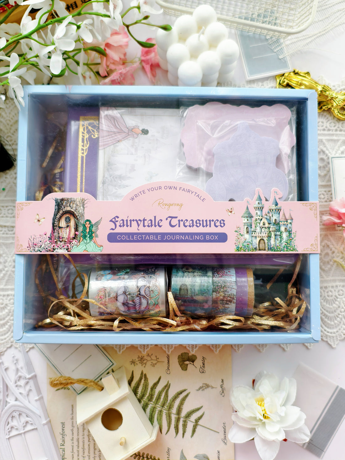 Collectible journaling box with decorative items and &