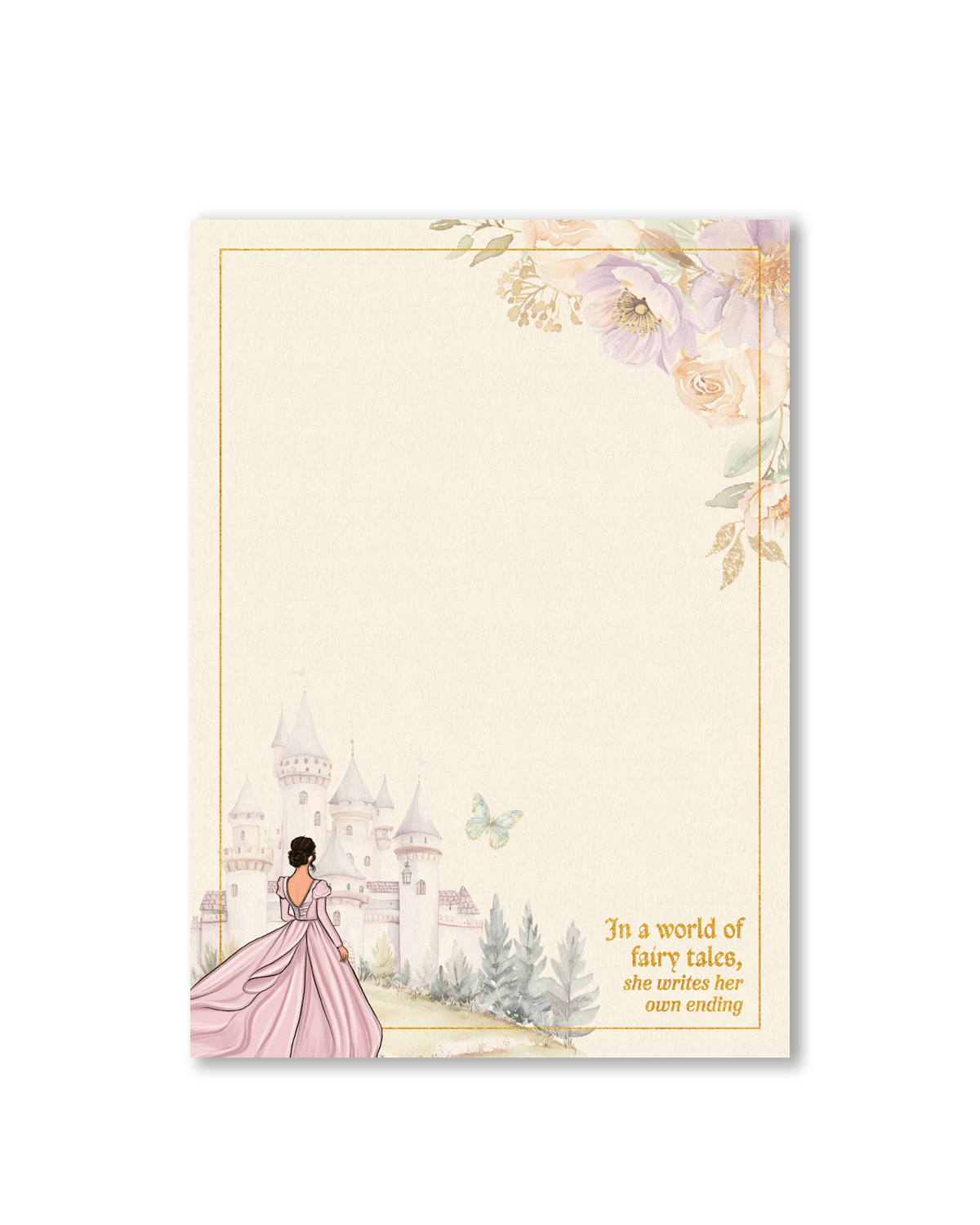 Elegant fairytale memo pad with soft floral corners, pastel castle background, butterfly accents, and inspirational quote artwork.