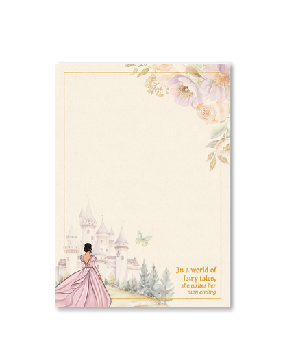 Elegant fairytale memo pad with soft floral corners, pastel castle background, butterfly accents, and inspirational quote artwork.