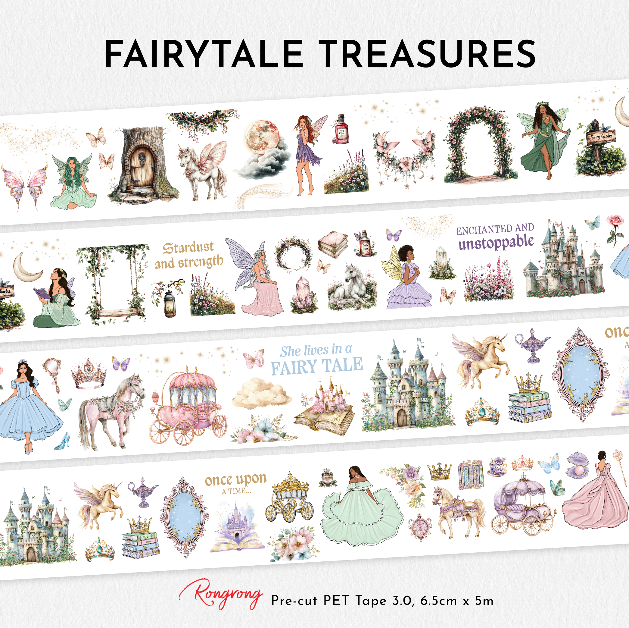 Fairytale-themed pre-cut PET tape featuring castles, fairies, unicorns, magical books, crowns, butterflies, floral arches, and whimsical fantasy illustrations in pastel tones.